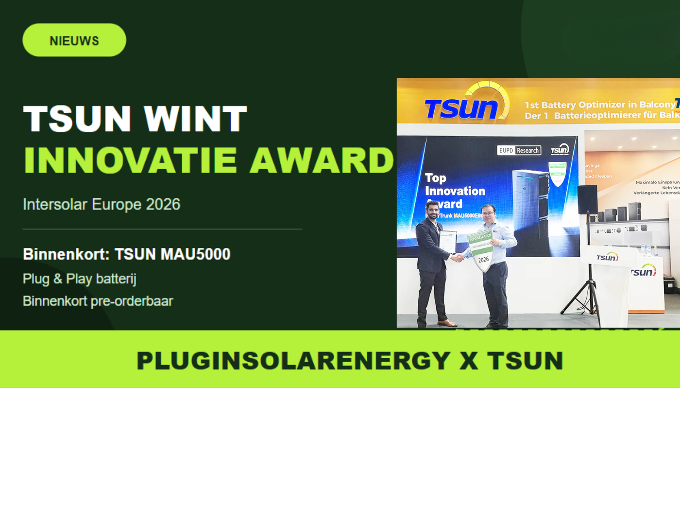 Onze partner TSUN wint innovatie-award op Intersolar Europe 2026